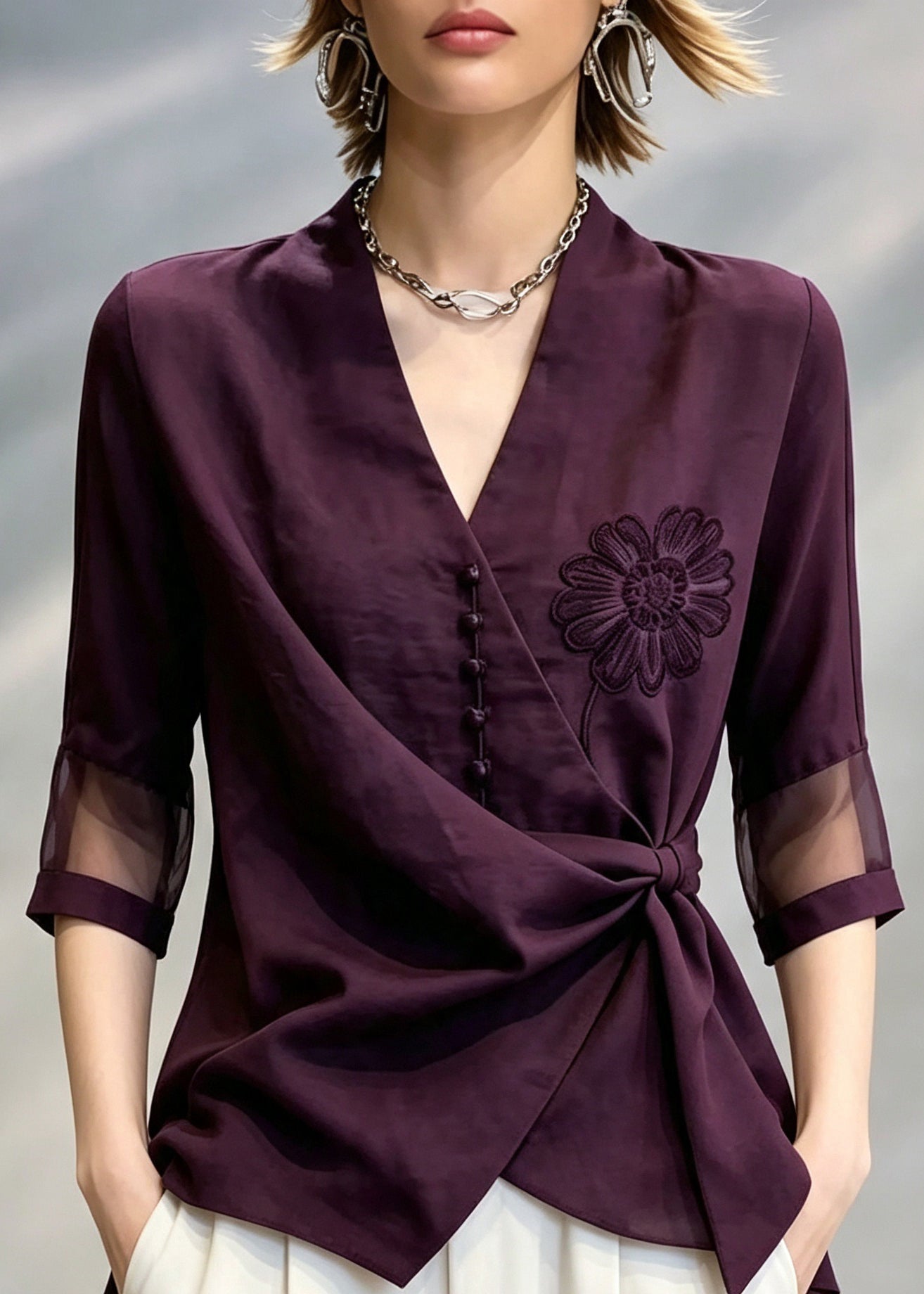 Stylish Purple V Neck Embroidered Floral Shirt Tops Bracelet Sleeve