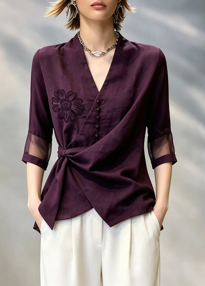 Stylish Purple V Neck Embroidered Floral Shirt Tops Bracelet Sleeve