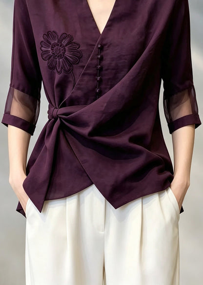 Stylish Purple V Neck Embroidered Floral Shirt Tops Bracelet Sleeve