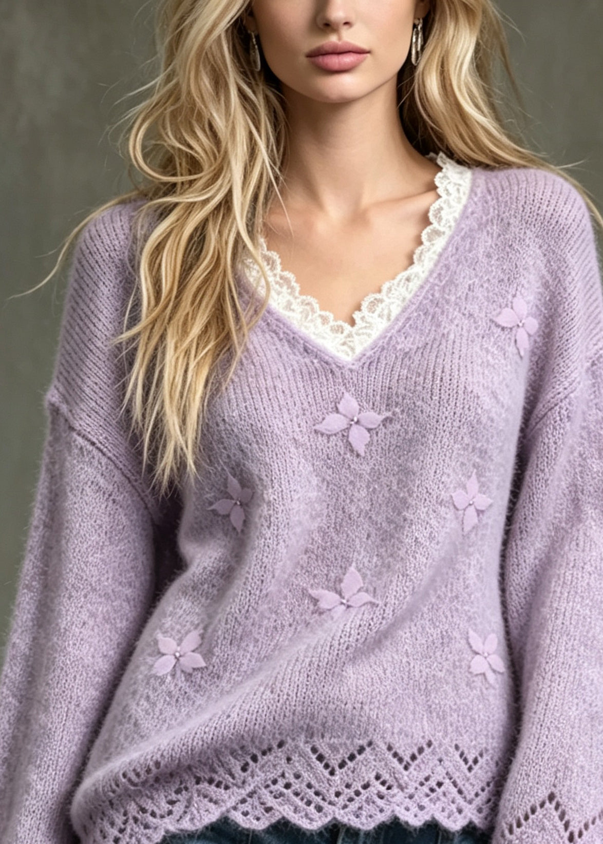 Stylish Purple V Neck Patchwork Lace Sculptural Butterfly Knit Sweaters Fall