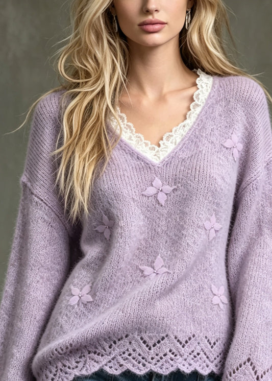 Stylish Purple V Neck Patchwork Lace Sculptural Butterfly Knit Sweaters Fall