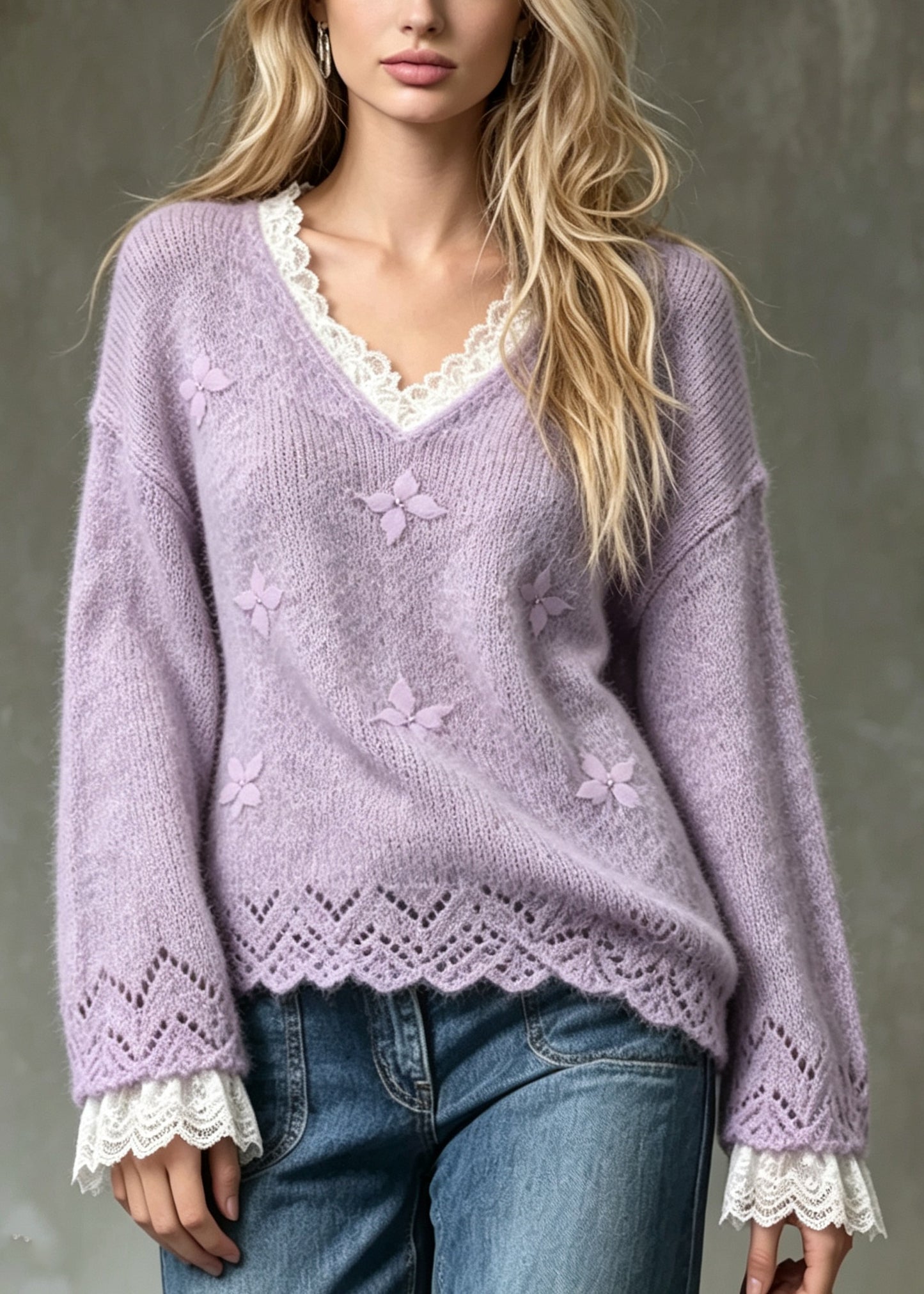 Stylish Purple V Neck Patchwork Lace Sculptural Butterfly Knit Sweaters Fall