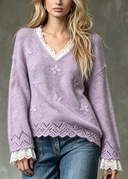 Stylish Purple V Neck Patchwork Lace Sculptural Butterfly Knit Sweaters Fall