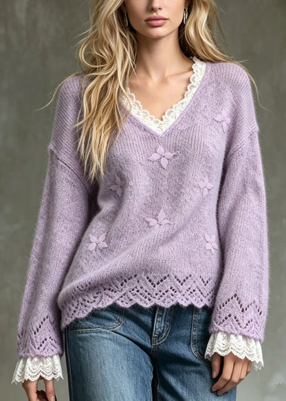 Stylish Purple V Neck Patchwork Lace Sculptural Butterfly Knit Sweaters Fall