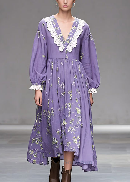 Stylish Purple V Neck Print Wrinkled Cotton Dress Fall