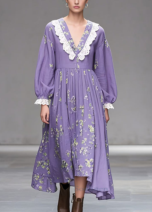 Stylish Purple V Neck Print Wrinkled Cotton Dress Fall