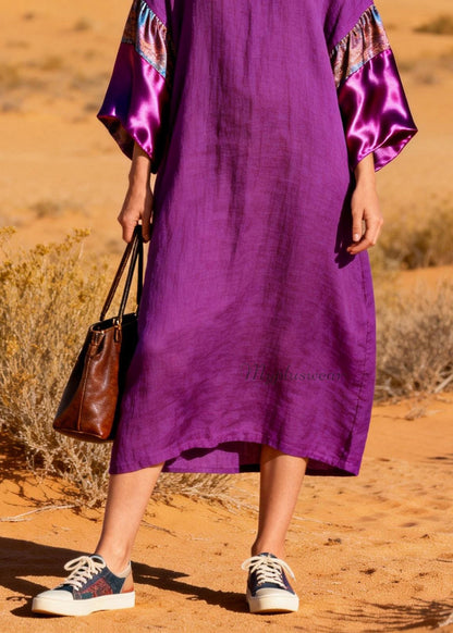 Stylish Purple V Neck Silk Patchwork Linen Dresses Summer