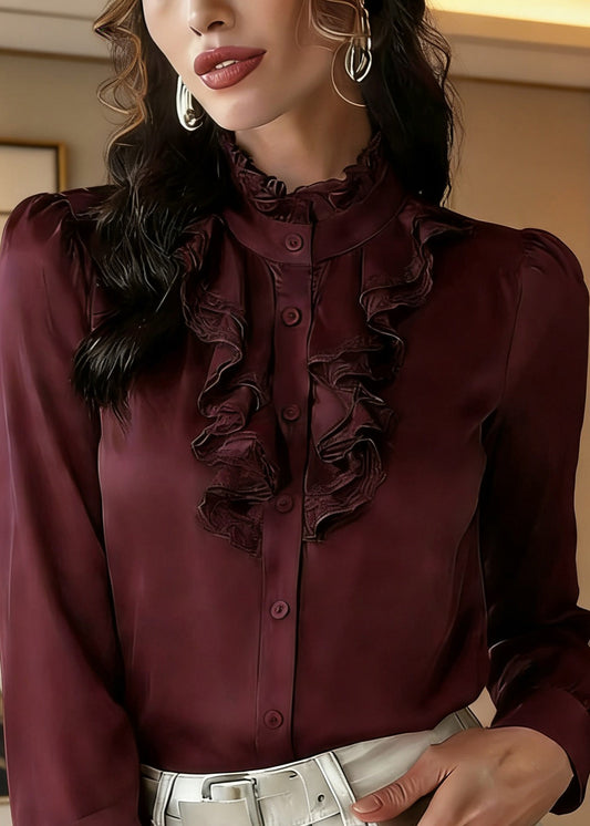 Stylish Purplish Red Button Solid Silk Top Spring