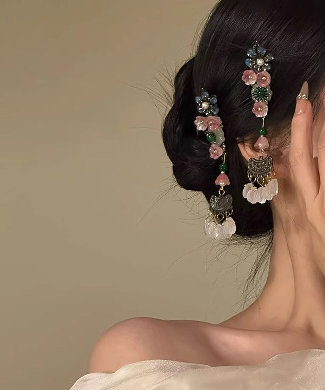Stylish Rainbow Alloy Floral Pearl Tassel A Pair Hairpin
