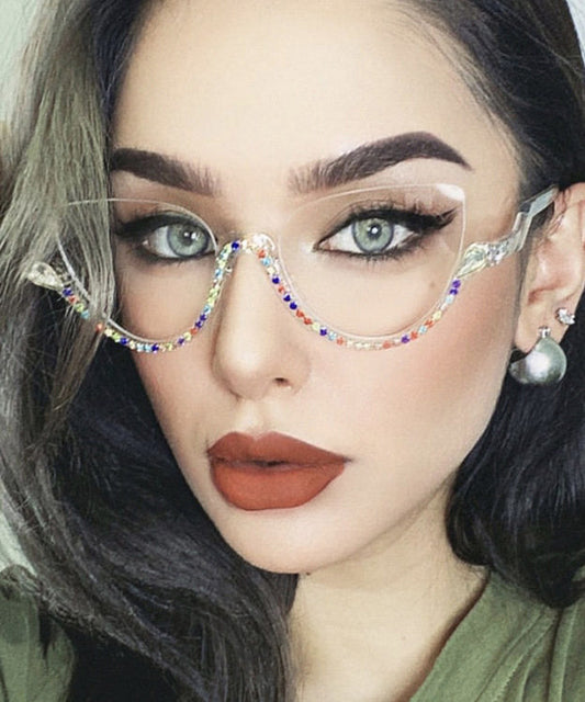 Stylish Rainbow Alloy Zircon Cat Eye Half Rim Reading Glasses