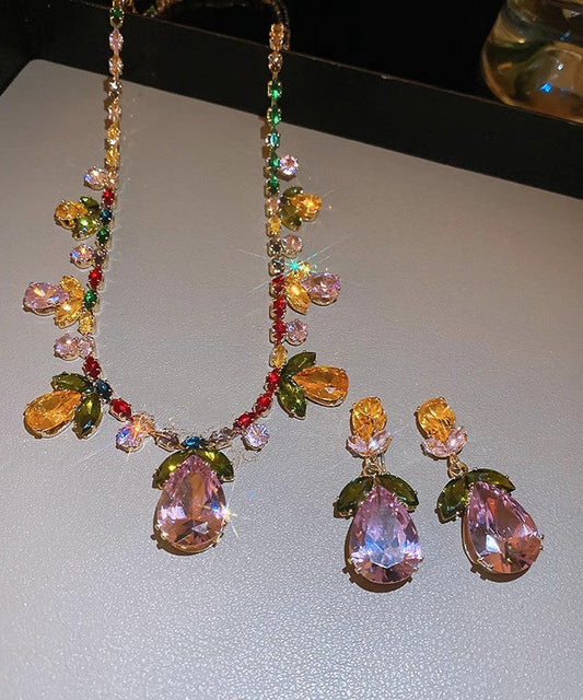 Stylish Rainbow Alloy Zircon Floral Crystal Water Droplet Pendant Necklace And Drop Earrings Two-Piece Set
