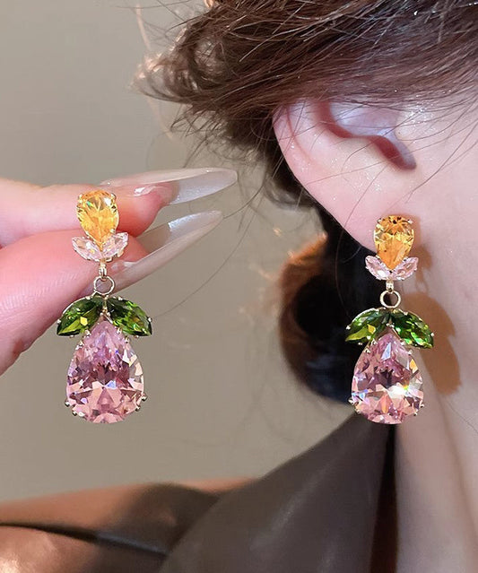 Stylish Rainbow Alloy Zircon Floral Crystal Water Droplet Pendant Necklace And Drop Earrings Two-Piece Set