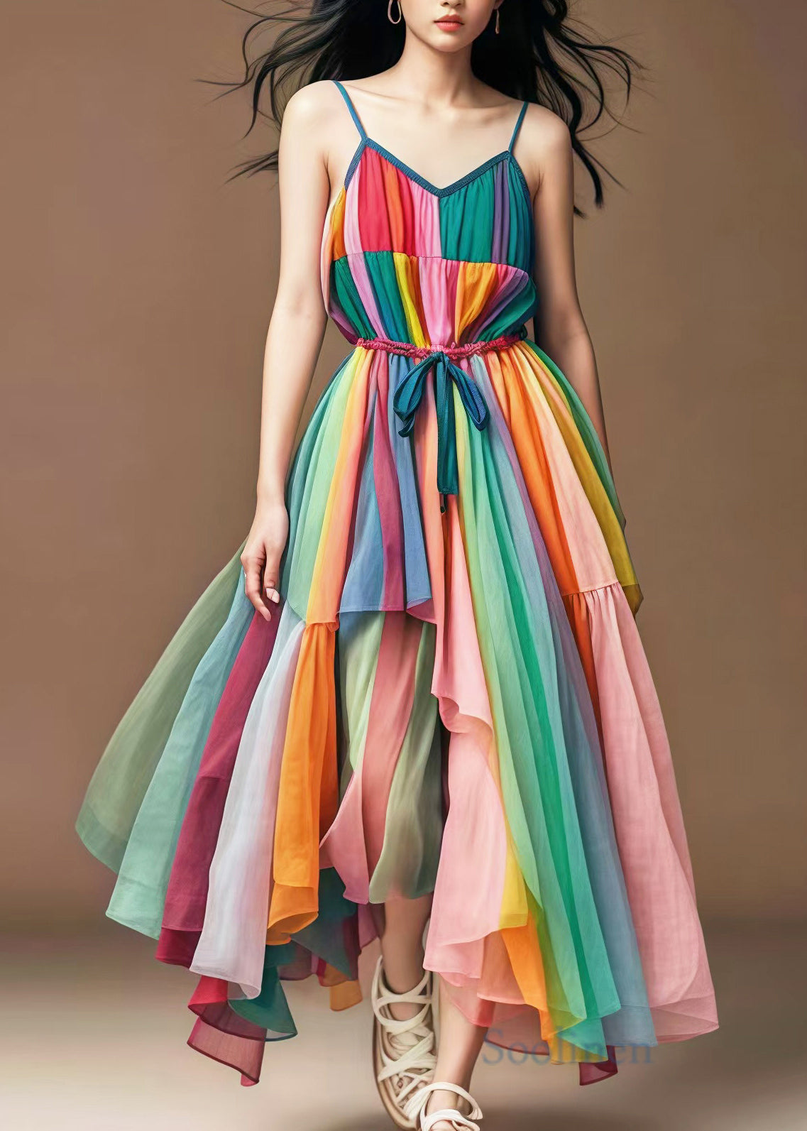 Stylish Rainbow Cinched Patchwork Tulle Spaghetti Strap Dress Summer