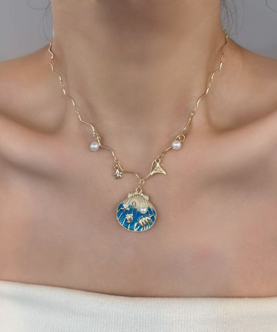 Stylish Rainbow Copper Overgild Shell Pearl Turquoise Star Pendant Necklace Three Piece Set