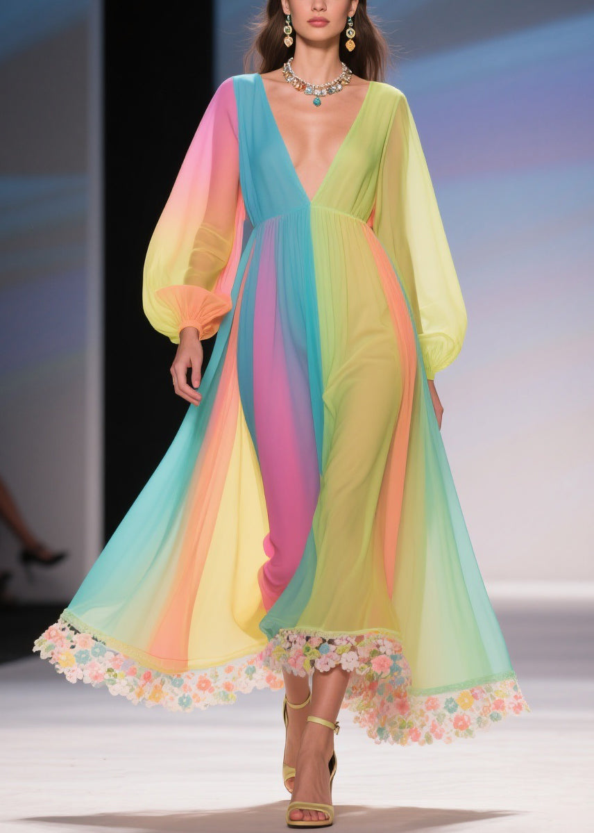 Stylish Rainbow Floral High Waist Chiffon Long Dresses Spring