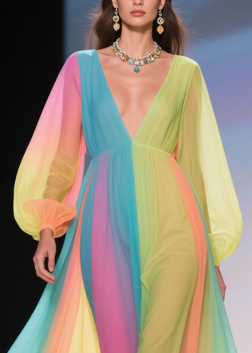 Stylish Rainbow Floral High Waist Chiffon Long Dresses Spring