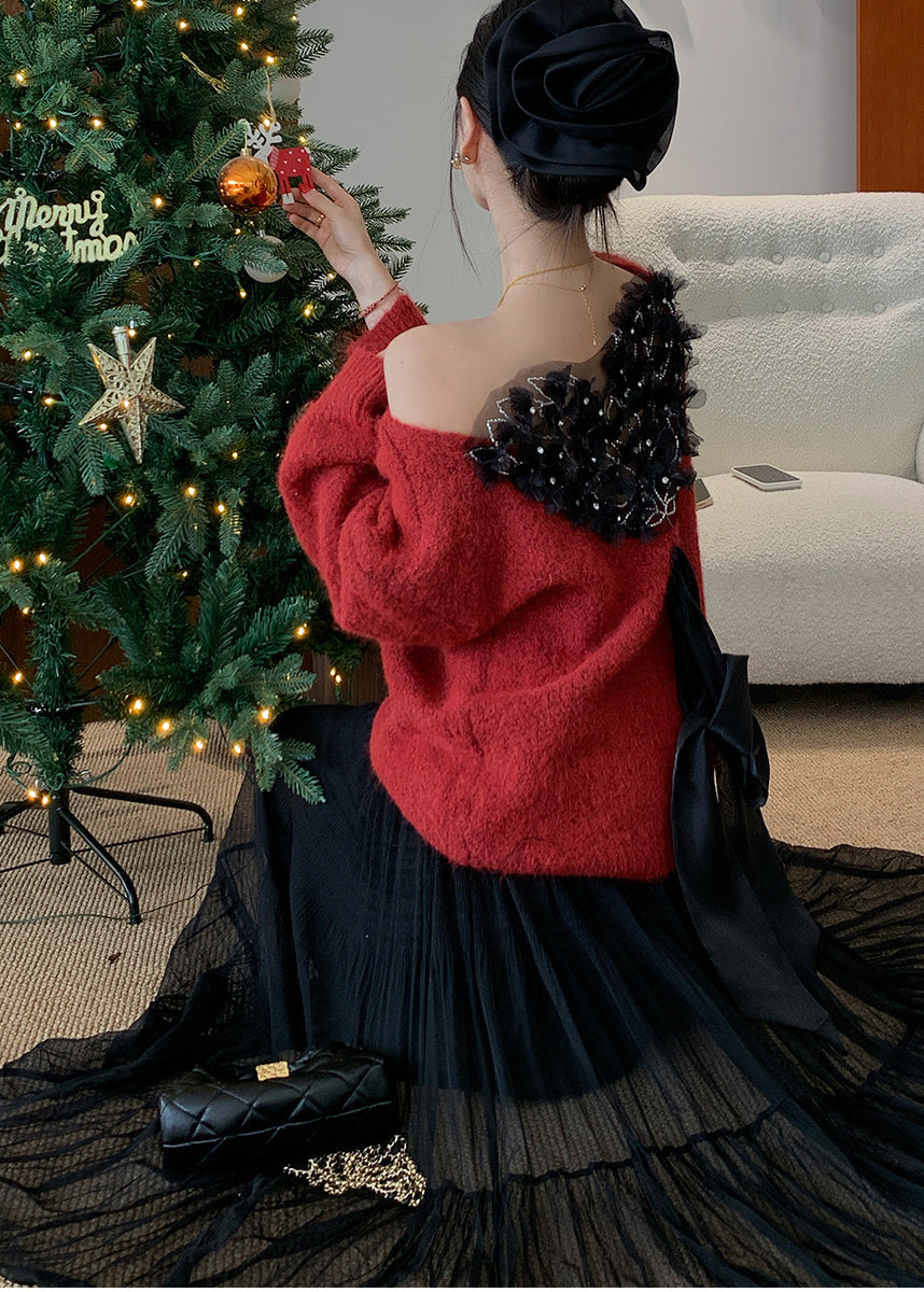 Stylish Red Backless Bow Knitted Tops Winter