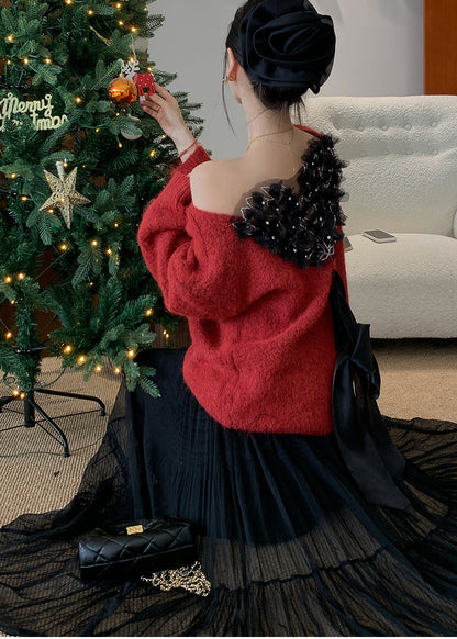 Stylish Red Backless Bow Knitted Tops Winter