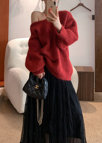 Stylish Red Backless Bow Knitted Tops Winter