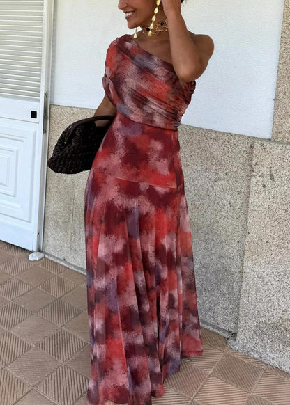 Stylish Red Cold Shoulder Print Tulle Long Dress Summer