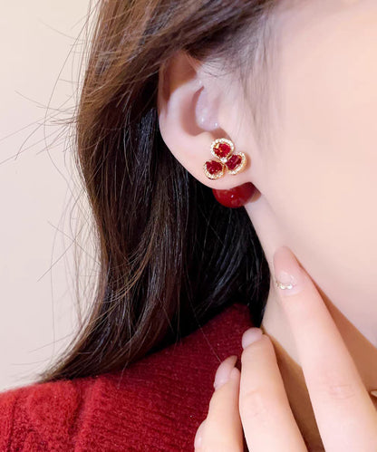 Stylish Red Copper Overgild Zircon Floral Stud Earrings