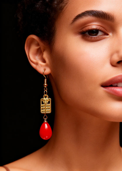 Stylish Red Coral Golden Abacus Drop Earrings