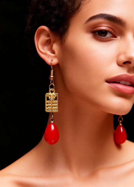 Stylish Red Coral Golden Abacus Drop Earrings