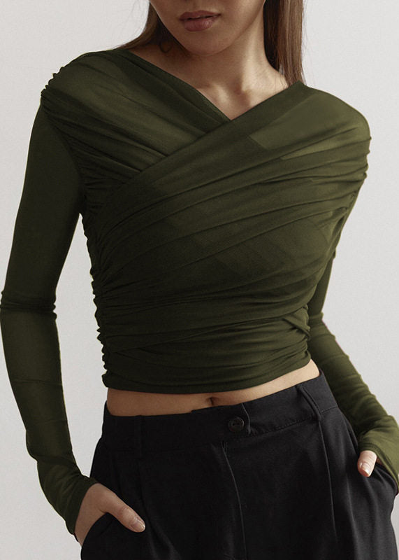 Stylish Red Cross Collar Wrinkled Tulle Blouse Tops Long Sleeve