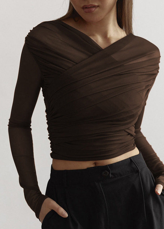 Stylish Red Cross Collar Wrinkled Tulle Blouse Tops Long Sleeve