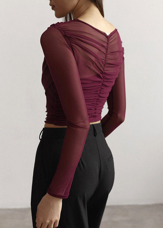 Stylish Red Cross Collar Wrinkled Tulle Blouse Tops Long Sleeve