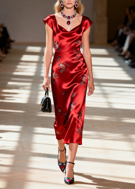 Stylish Red Draping Collar Print Silk Dress Summer