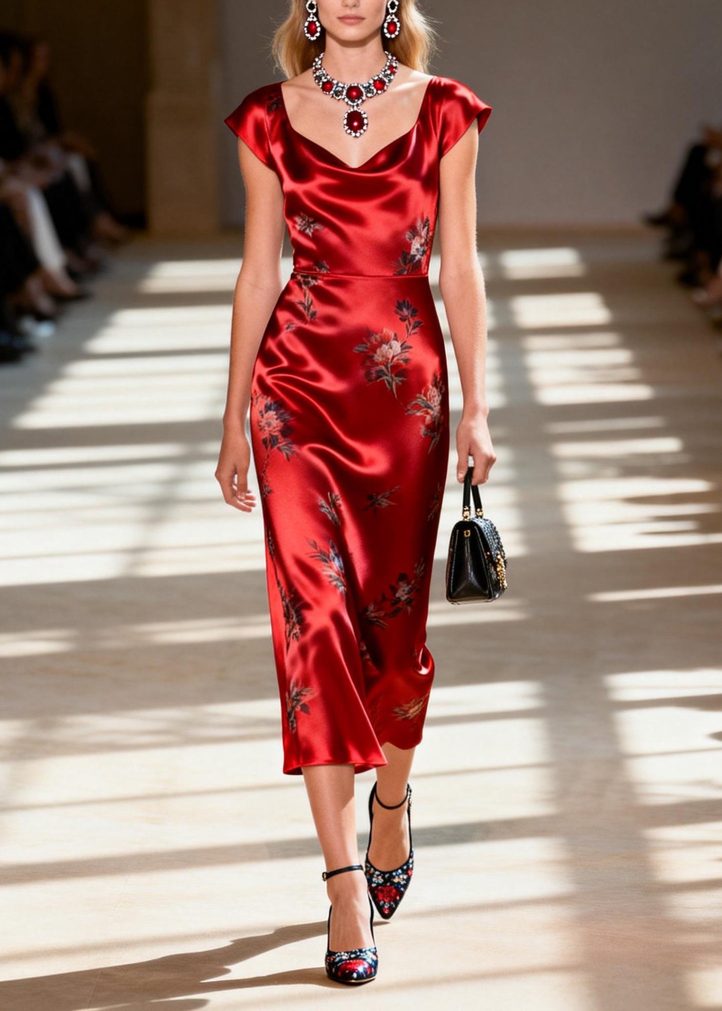 Stylish Red Draping Collar Print Silk Dress Summer