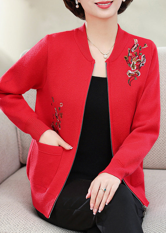 Stylish Red Embroidered Pockets Cotton Knit Coats Spring