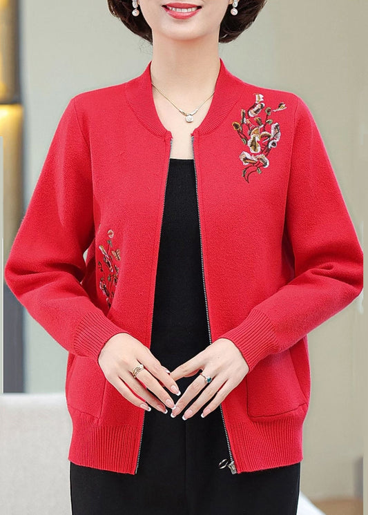Stylish Red Embroidered Pockets Cotton Knit Coats Spring