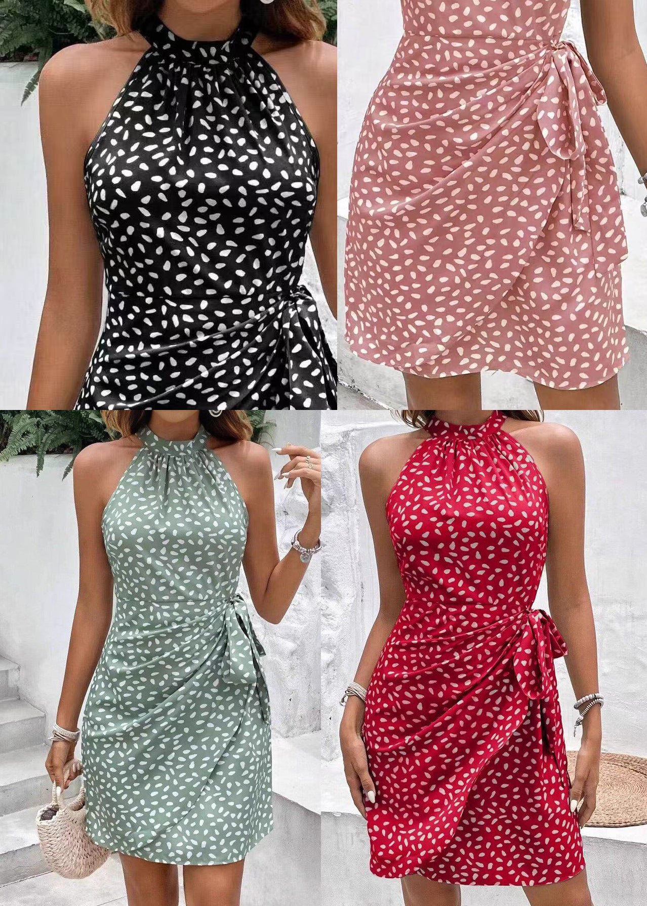 Stylish Red Hatler Print Chiffon Vacation Dress Summer