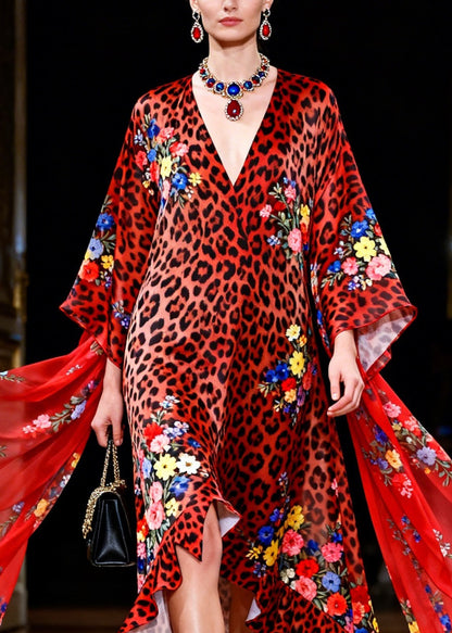 Stylish Red Leopard Ruffled Patchwork Chiffon Robe Dresses Summer