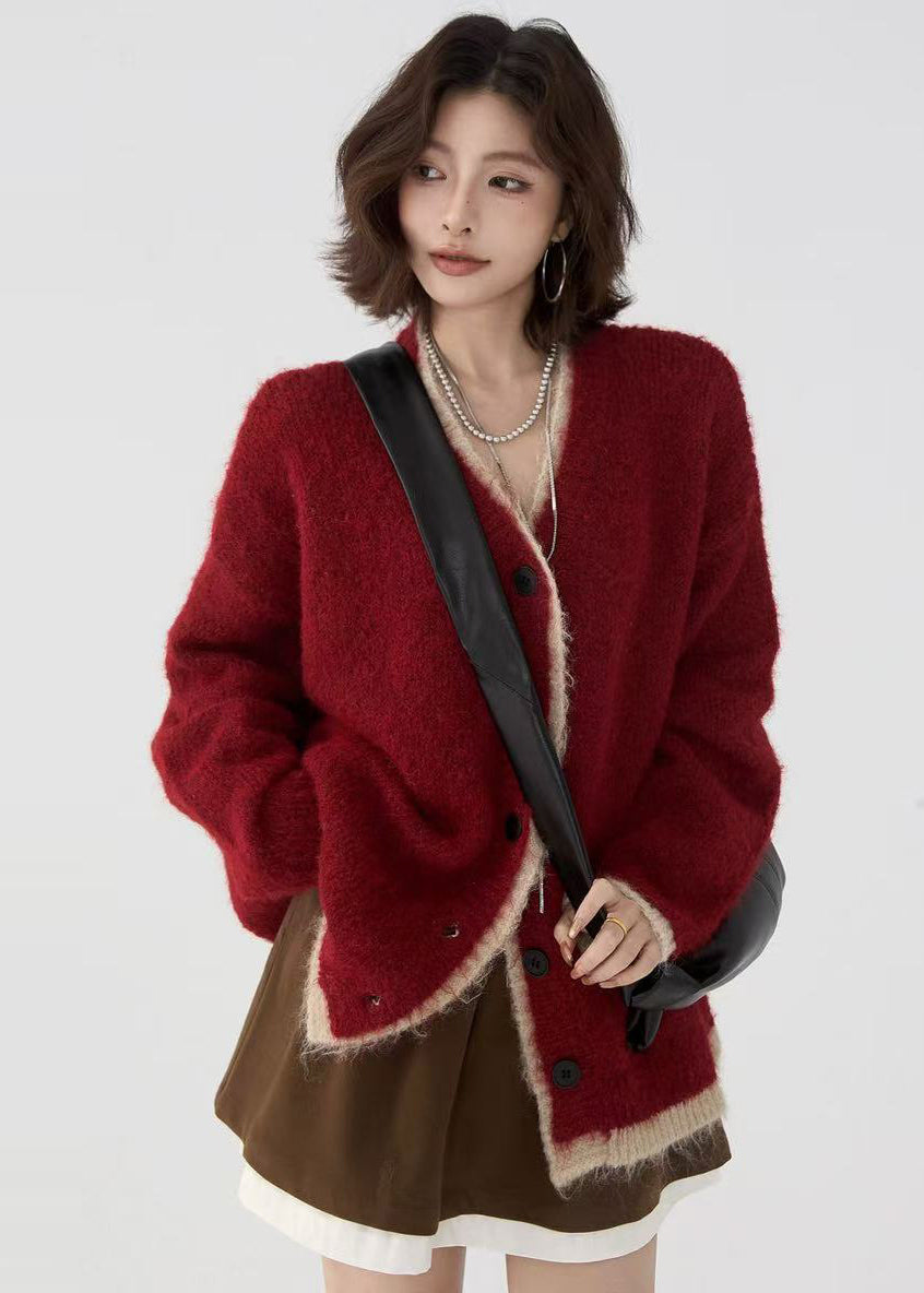 Stylish Red Oversized Patchwork Knit Fake Two Piece Cardigans Winter