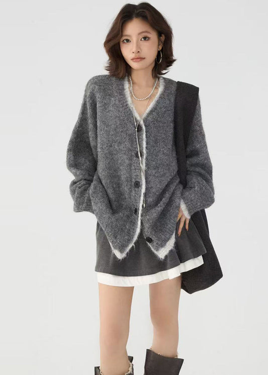 Stylish Red Oversized Patchwork Knit Fake Two Piece Cardigans Winter