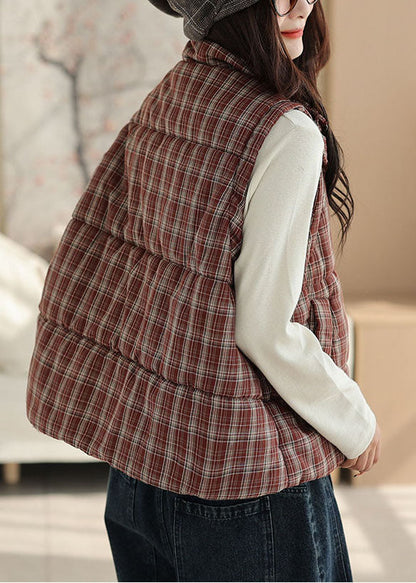 Stylish Red Plaid Thick Fine Cotton Filled Vests Winter