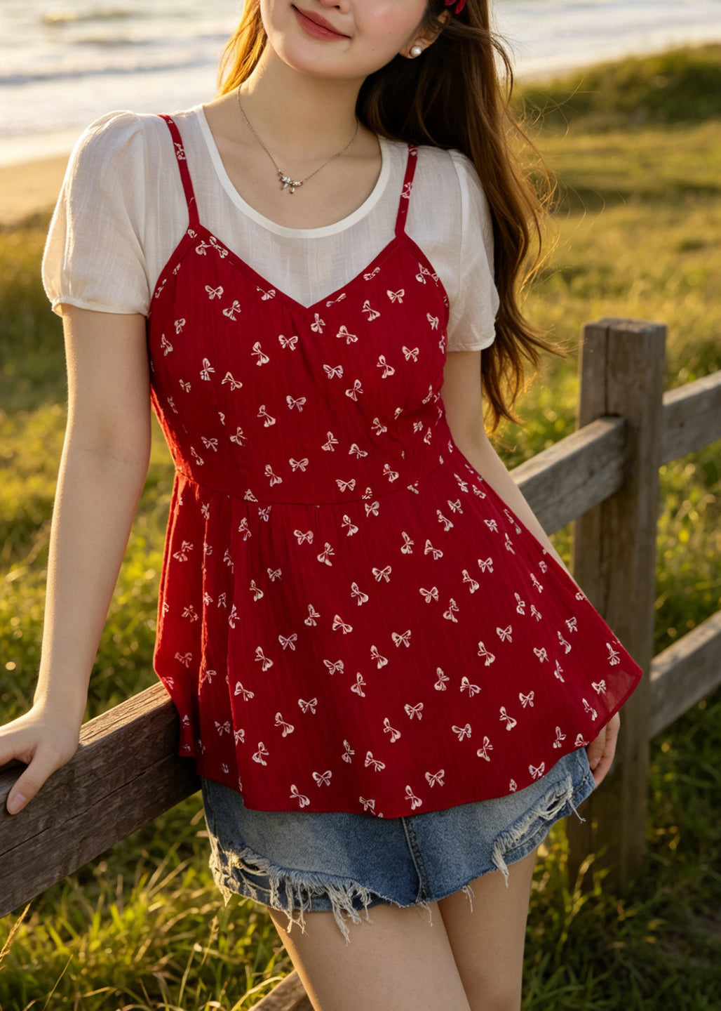 Stylish Red Print Patchwork Chiffon Fake Two Piece Tops Summer
