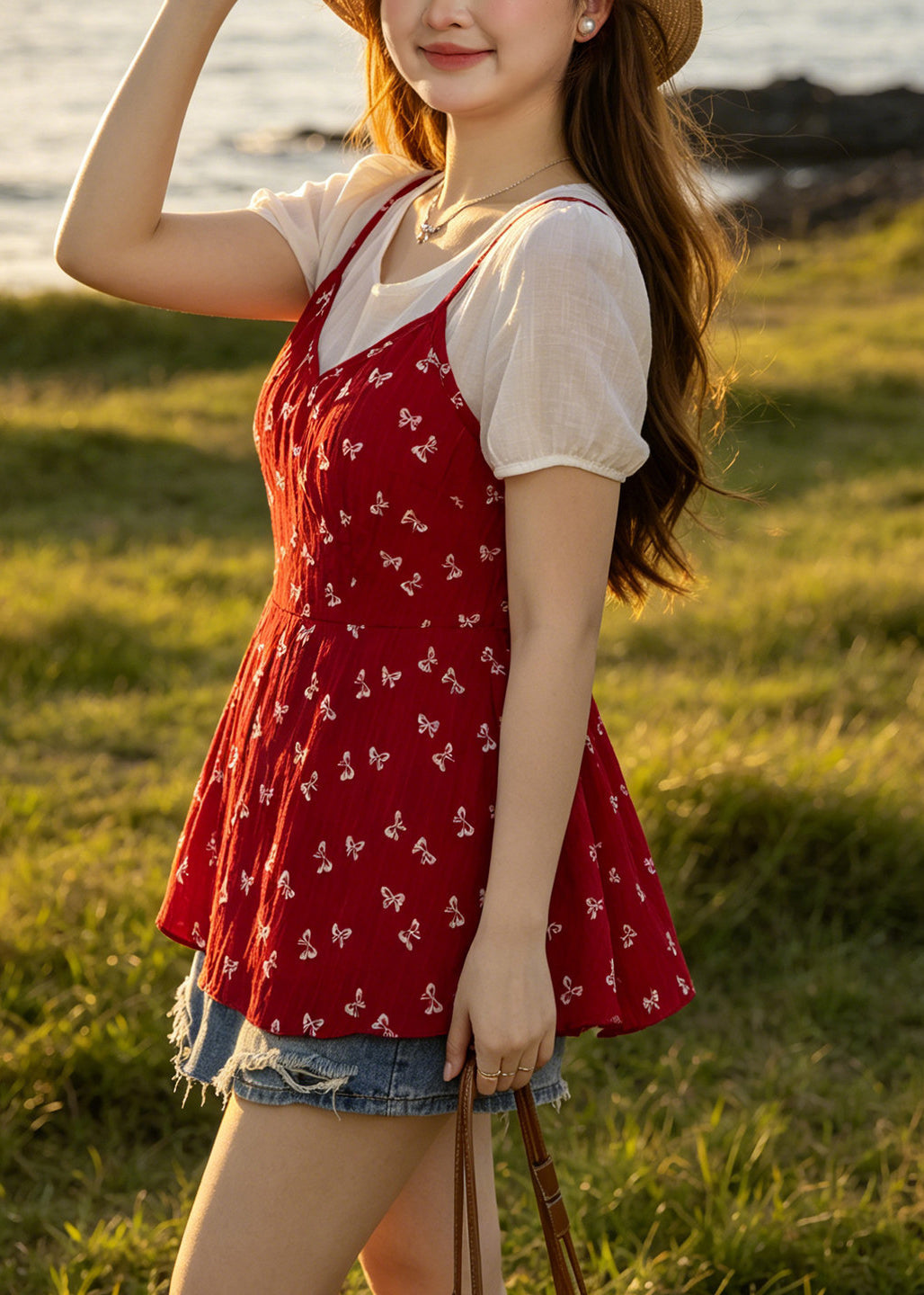 Stylish Red Print Patchwork Chiffon Fake Two Piece Tops Summer