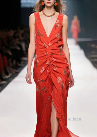 Stylish Red Print Wrinkled Side Open Cotton Party Dress Summer