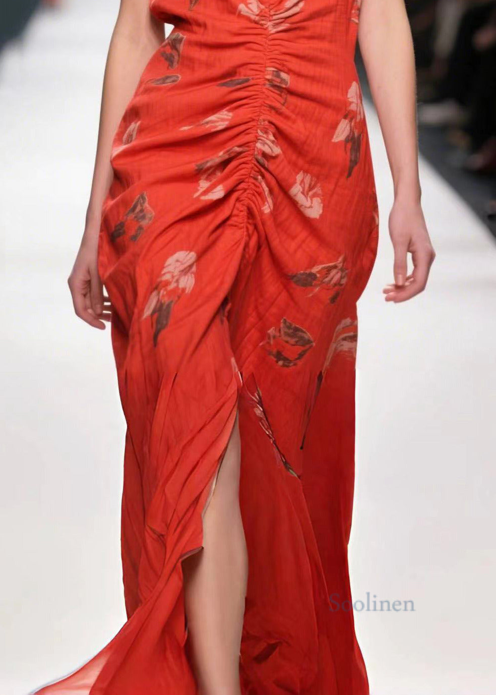 Stylish Red Print Wrinkled Side Open Cotton Party Dress Summer