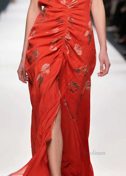 Stylish Red Print Wrinkled Side Open Cotton Party Dress Summer