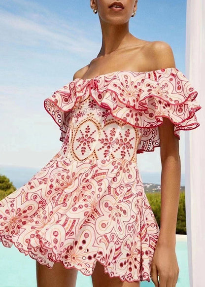 Stylish Red Slash Neck Ruffled Print Cotton Mini Dresses Summer