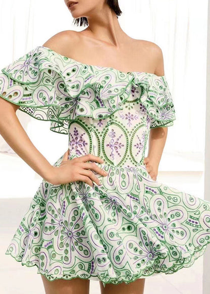 Stylish Red Slash Neck Ruffled Print Cotton Mini Dresses Summer
