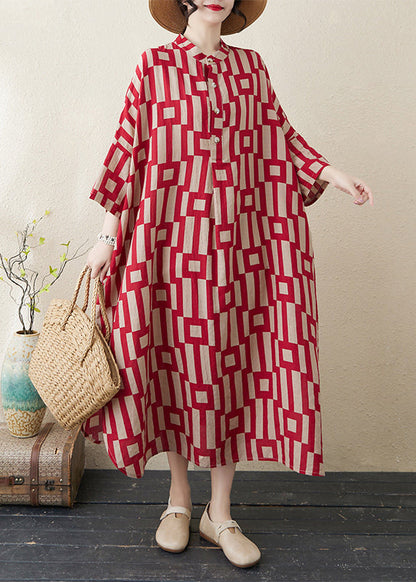 Stylish Red Stand Collar Striped Side Open Long Dress Bracelet Sleeve