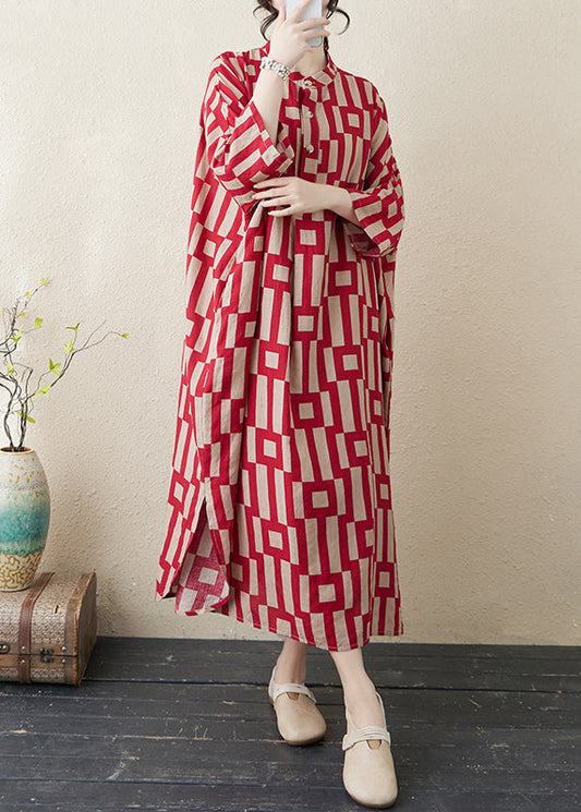 Stylish Red Stand Collar Striped Side Open Long Dress Bracelet Sleeve
