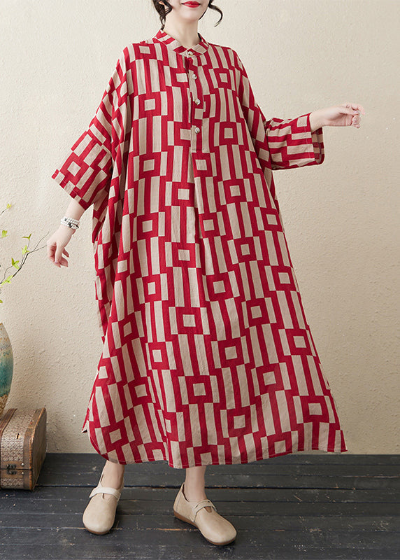 Stylish Red Stand Collar Striped Side Open Long Dress Bracelet Sleeve