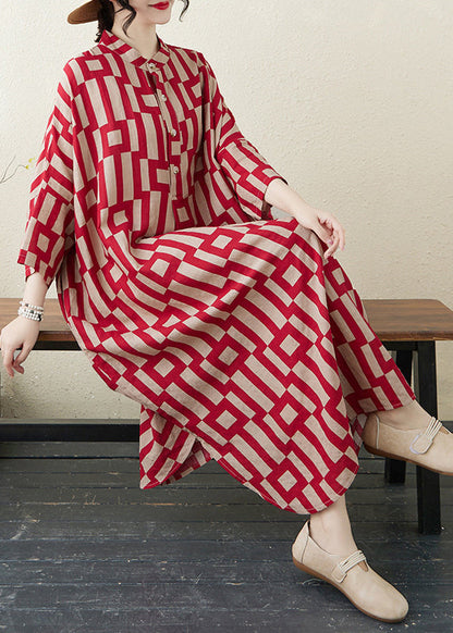 Stylish Red Stand Collar Striped Side Open Long Dress Bracelet Sleeve